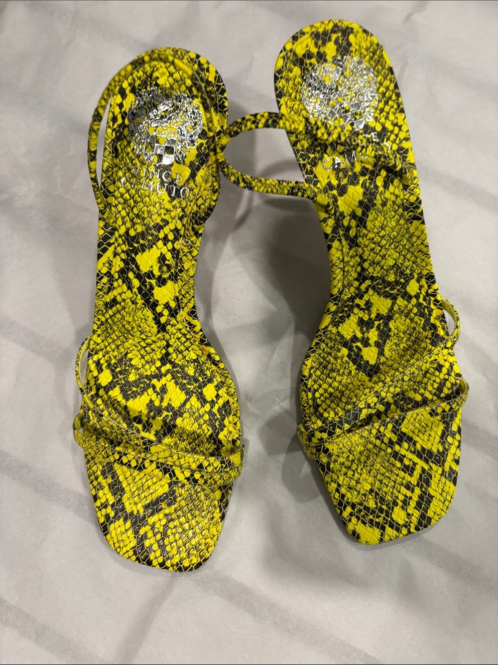 Vince Camuto Yellow and Black Snake-Print Strappy Sandals